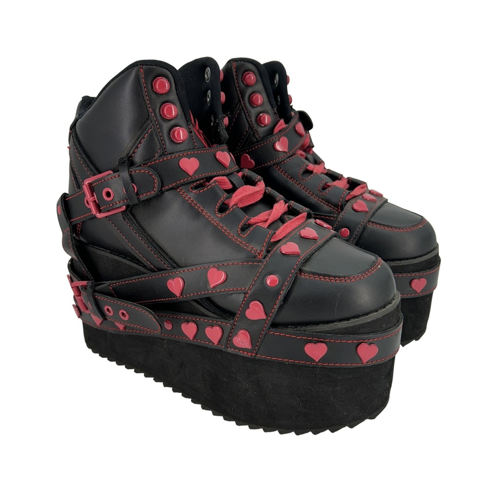 YRU Qozmo Shoes Womens Size 7 38 Black Pink Heart Platform Goth Punk Buckle‎